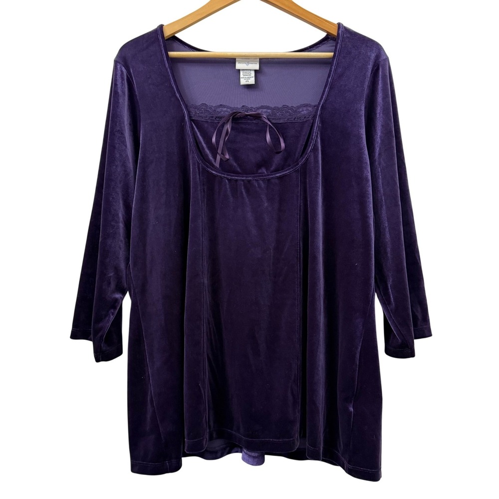 Jaclyn Smith 2X Purple Velvet Lace Top Square Neck 3/4 Whimsygoth Witchy Dark